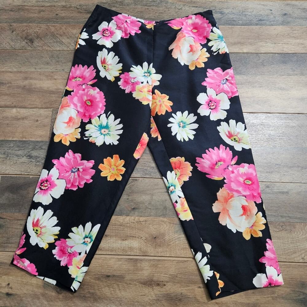 Sunny Leigh Silk Black Pink Floral Cropped Capri High Rise Dress Pants 10‎ Bloom